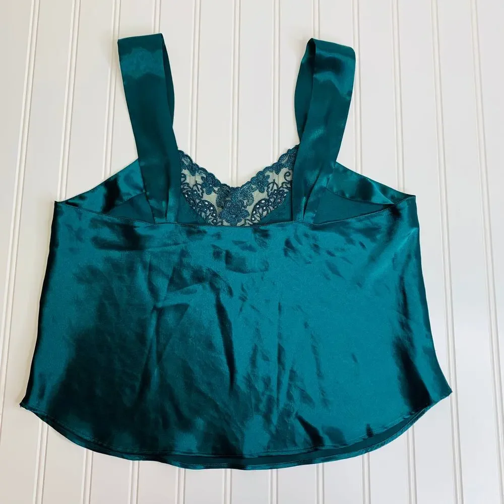 Green Satin 2 Pc Tap Pants Camisole Lingerie Pajamas Nighty Vintage Small - Picture 7 of 9